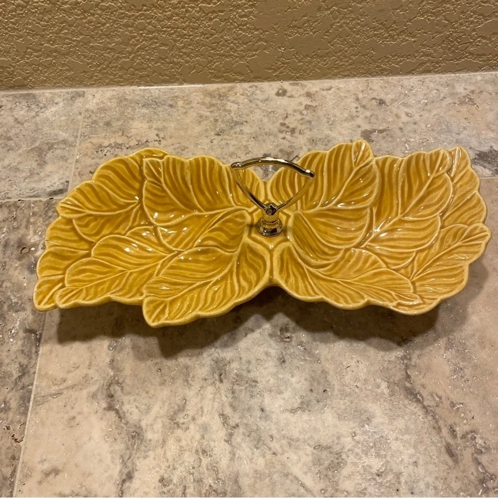Vintage Retro USA pottery‎ two sided tray serving dish trinket yellow leaf gold